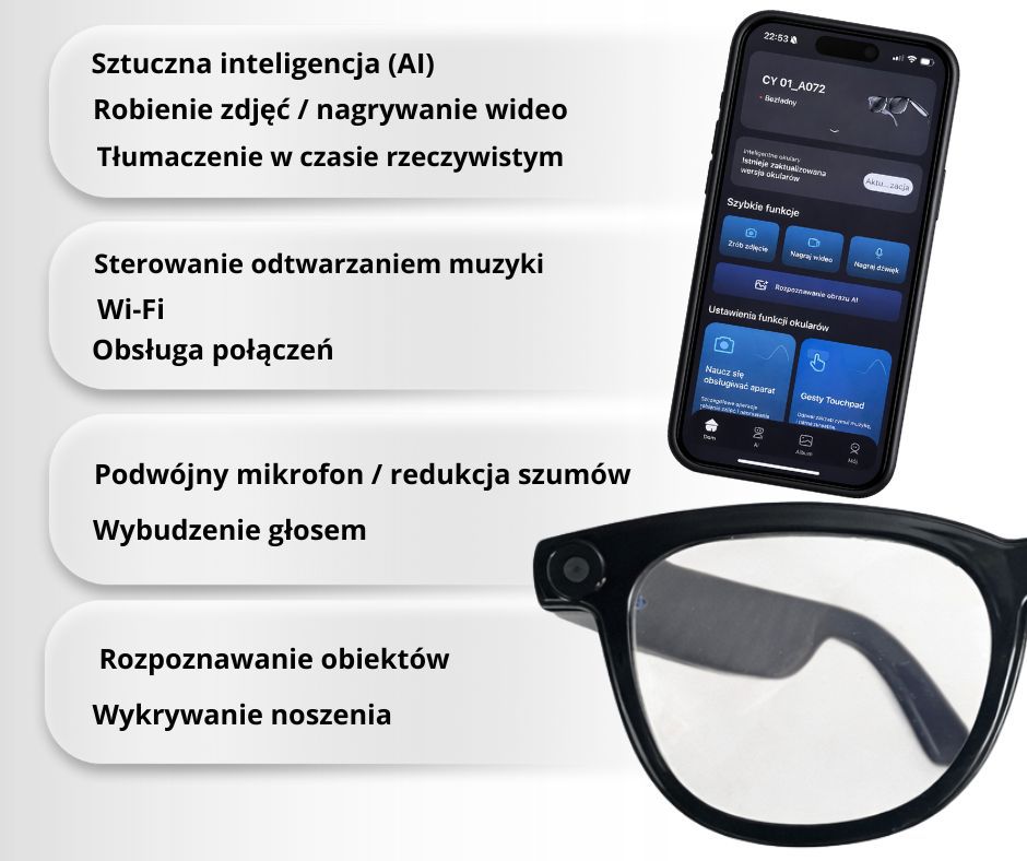 AI Okulary z Kamerą CY01 – Nagrywanie 1080p / UV400